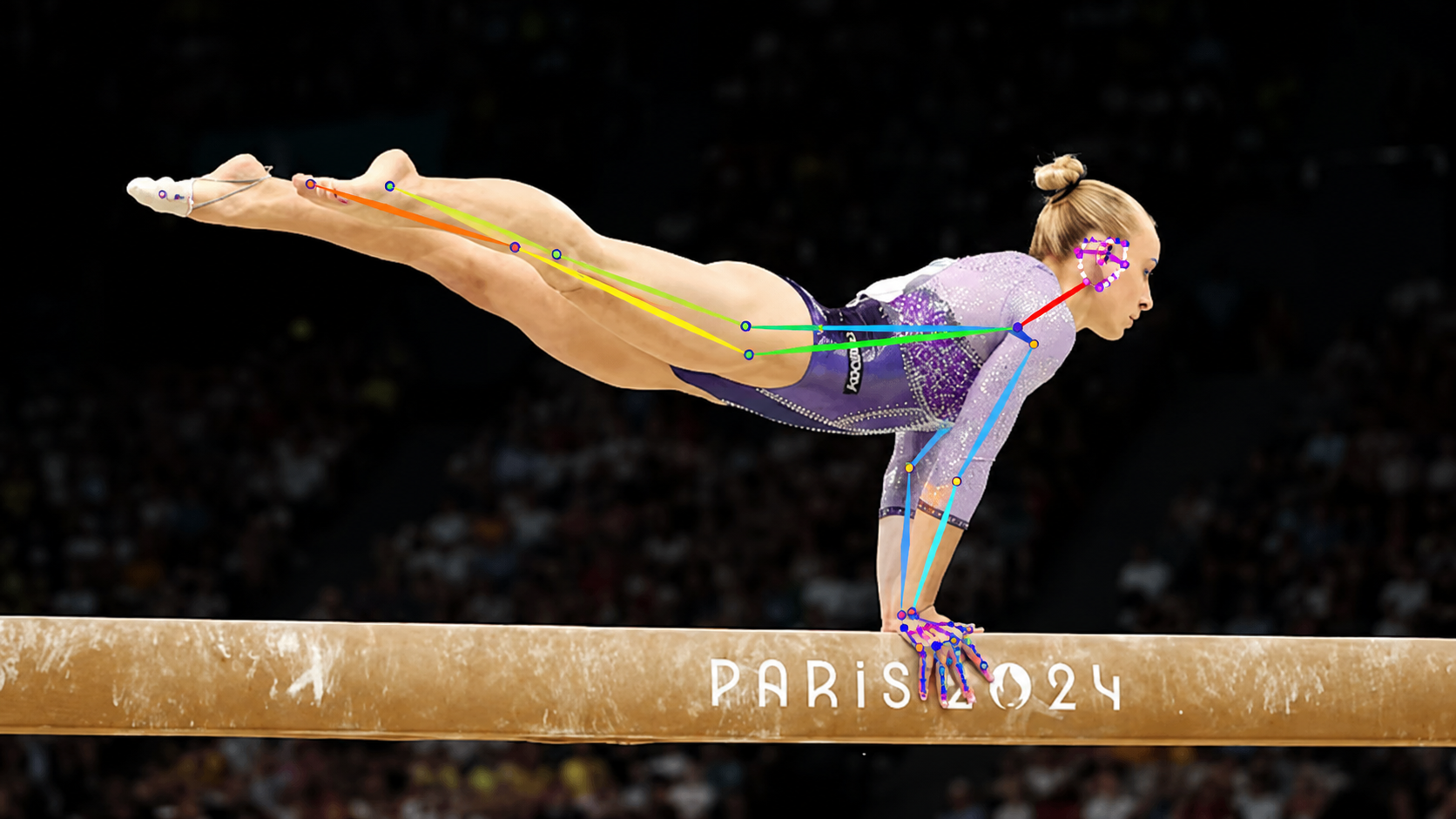 Gymnast with AI pose landmarks